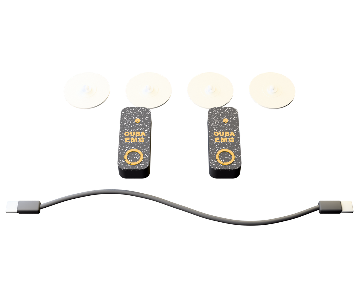 Le contenu du pack deux capteurs : deux capteurs Ouba EMG, quatre électrodes et le câble USB-C